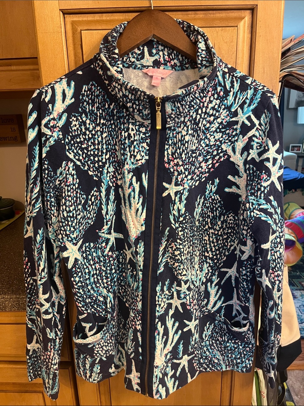 Lilly Pulitzer Leona Zip-Up Jacket Good Reef in Navy Starfish and Coral Pattern